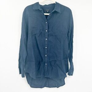 Ann Taylor Womens 100% Linen Beachy Lagenlook Button Down Shirt Navy Blue Size M
